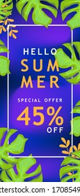 Hello summer sale design banner template on gradient mesh background for business