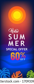 Hello summer sale design banner template on gradient mesh background for business promotion