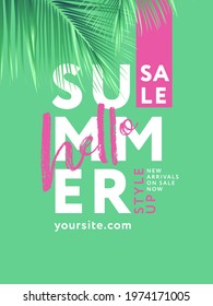 Hello Summer Sale design template with tropical leaf, lettering and modern typography in trendy green and pink colors. Minimal style for poster, flyer, fashion ads, website banner, social media, print