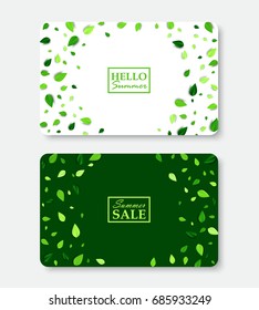 Hello summer and Summer sale fresh card layout templates. Shopping gift voucher vector illustration with scattered green 3d leaves. All isolated and layered