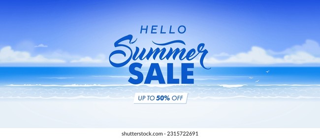 Hello summer sale horizontal banner. Vector beautiful realistic illustration of sandy summer beach