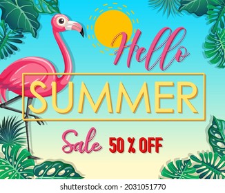 Hello Summer Sale logo with tropical leaves banner illustration