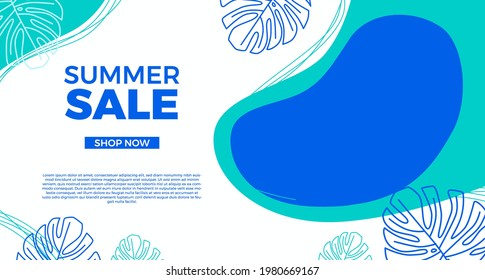Hello summer sale offer banner promotion with wave curve shape with memphis abstract style and leaves illustration blue background