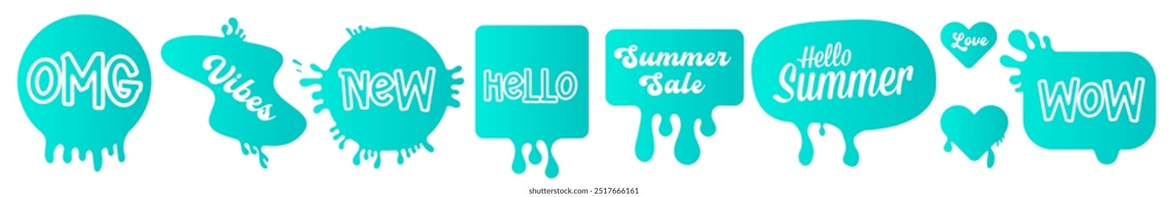 Hello summer, summer sale, hello, OMG, Positive Vibes, Wow, Sale green retro sticker set isolated on white background. Y2k sticker collection with message. Planner and scrapbook patch set