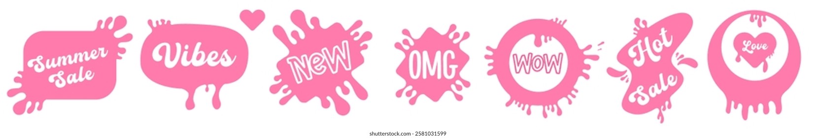 Hello summer, summer sale, hello, OMG, Positive Vibes, Wow, Sale pink retro sticker set isolated on white background. Y2k sticker collection with message. Planner and scrapbook patch set