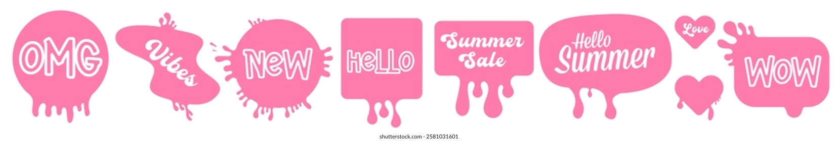 Hello summer, summer sale, hello, OMG, Positive Vibes, Wow, Sale pink retro sticker set isolated on white background. Y2k sticker collection with message. Planner and scrapbook patch set