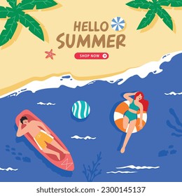 Hello Summer Sale poster and banner template.Top view beach background with human,balls,swim ring,starfish and sea.