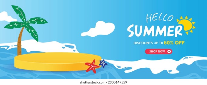 Hello Summer Sale poster and banner template.Sea background with podium, starfish and coconut tree.