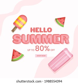 Hello Summer Sale Poster Design With 80% Discount Offer, Watermelon Slices, Ice Cream And Swimming Mat Or Bed On White Background.