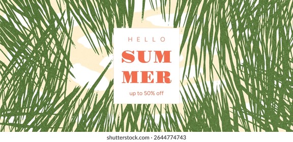 Hello Summer sale poster with hand-drawn overlapping green palm leaves on sandy beige background. Tropical foliage texture for seasonal promo. Flat vector illustration.
