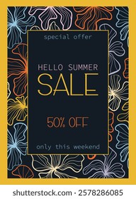 Hello summer sale. Promotion sale vertical banner, poster or flyer with hand drawn vintage flowers. Vector illustration