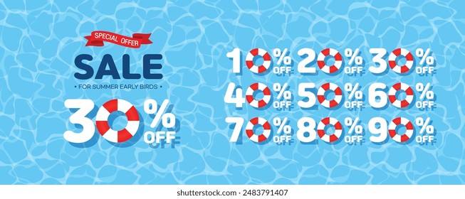 Hello Summer Sale with Sale Sign and Tube for Summer Sale Banner or Poster template on the cool water pattern