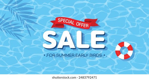 Hello Summer Sale with Sale Sign and Tube for Summer Sale Banner or Poster template on the cool water pattern