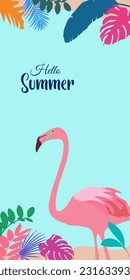 Hola Summer Sale historia diseño de plantillas de medios sociales con flamingo y hojas tropicales. Historia de promoción de ventas de verano 