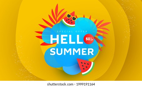 Hello Summer sale vector illustration with tropical leaves, ripe watermelon slices pattern background. Promotion banner for website, flyer and poster.