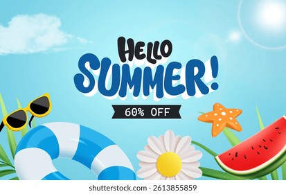 Hello Summer sale with watermelon, swimming ring, sunglass and soda in sky background . Art and craft style. Use for ads, banner, poster, card, cover, stickers, badges, illustration design
