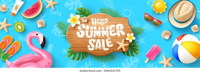 Hello Summer Sale with Wooden Sign and Tropical Beach Elements,Vector of Summer Sale Banner or Poster template with Hat,Sunglasses,Watermelon,Ice Cream,Beach and Tropical Elements.