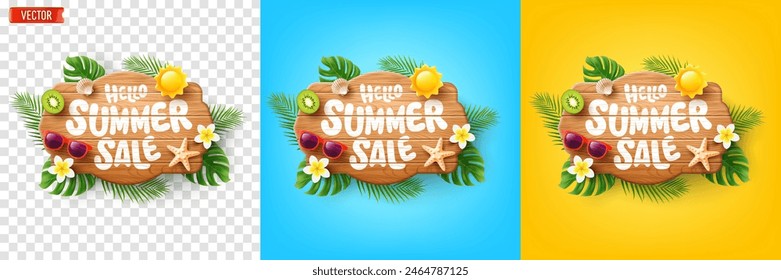 Hello Summer Sale Wooden Sign with Tropical Elements and Sunglasses on Yellow,Blue and Transparent Background