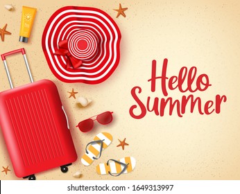 Hello summer in sand background vector banner. Hello summer greeting text with beach elements like hat, sunglasses, luggage, mobile phone, slippers and sun screen with star fish and seashell in beach.