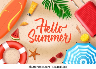 Hello summer in sand background vector design. Hello summer text with beach elements like luggage, lifebuoy, surfboard, umbrella, sunglasses, and sunscreen for holiday travel. Vector illustration.  