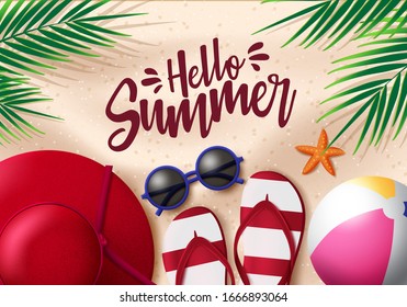 Hello summer in sand background vector design. Hello summer text with beach element like hat, flip flop, beach ball, palm leaves and star fish for holiday season. Vector illustration. 