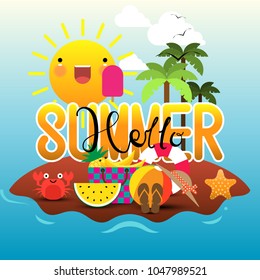 Hello summer in a sand beach island with summer items. Vector Illustration.
