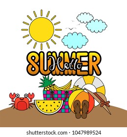 Hello summer in a sand beach island with summer items. Vector Illustration.