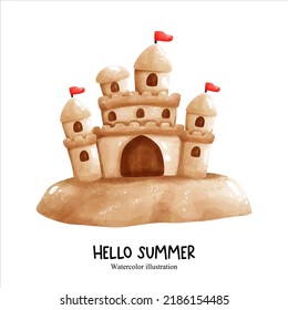 Hello summer, sand castle watercolor. vector illustration
