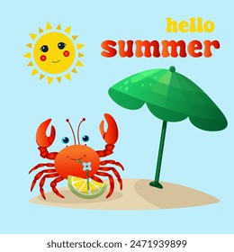 Hello summer in sand, crab under umbrella, vector banner 