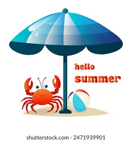 Hello summer in sand, crab under umbrella, vector banner 