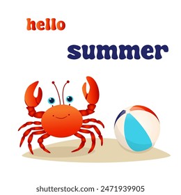 Hello summer in sand, crab under umbrella, vector banner 