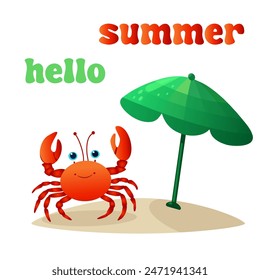 Hello summer in sand, crab under umbrella, vector banner 