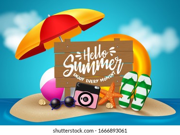 Hello summer in sand island vector design. Hello summer text in wood with beach element like umbrella, camera, flip flop, sunglasses, floater, beach ball and star fish for holiday season.