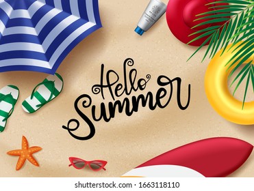 Hello summer in sand vector background design. Hello summer text with beach travel elements like surfboard, hat, floater, flip flop, hat and sunscreen. Vector illustration.  