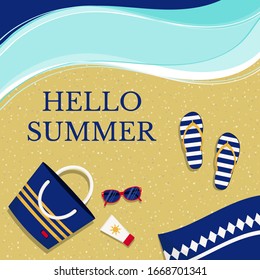 Hello summer in sand vector background design. Hello summer text with beach travel elements like bag, sunglasses, flip flop and sunscreen. Vector illustration.