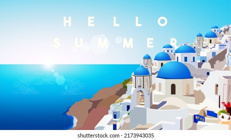 Hello summer in Santorini island, Greece. Beautiful white Greek churces architecture. Perfect for social media, banners, posters, backgrounds, advertisements, flyers, brochures, wallpapers.