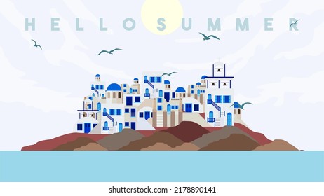 Hello summer in Santorini island, Greece. Beautiful white old Greek city architecture. Perfect for social media, banners, posters, backgrounds, advertisements, flyers, brochures, wallpapers.