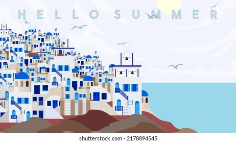 Hola verano en la isla Santorini, Grecia. Hermosa arquitectura blanca y antigua de la ciudad griega. Perfecto para medios sociales, carteles, afiches, fondos, anuncios, volantes, folletos, fondos de pantalla.