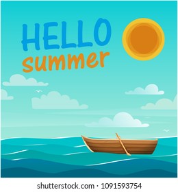 Hello Summer Sea Boat Sun Blue Sky Background Vector Image
