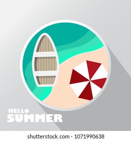 Hello summer , Sea icon, summer time, sea wave and seagulls, top view of beach in summer, holidays concept, vector illustration.