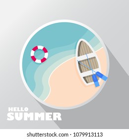 Hello summer , Sea icon, summer time, sea wave and seagulls, top view of beach in summer, holidays concept, vector illustration.