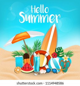 Hello Summer, sea shore with Realistic Objects design. Tropical plants, flower, beach ball, sunglasses, cocktail, shells, ice cream, sutfboard, lifebealt and watermelone. Vector illustration