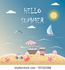 Hello Summer. Sea view from beach with crab, coffee, and other summer elements. Vector Illustration