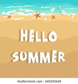 Hello Summer. Sea waves sand beach. Flat vector illustration. Top view