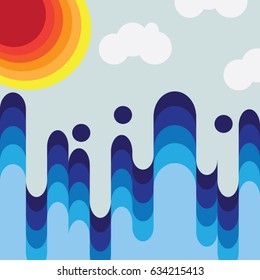 Hello summer. Sea waves with sun and blue sky, white clouds