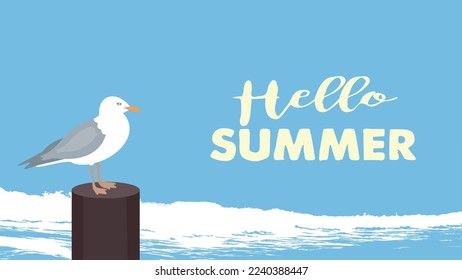 Hello Summer Seagull stands on the perch and looks at the sea. Vector illustration.