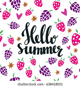 Hello summer seamless pattern with berries, stars on white background