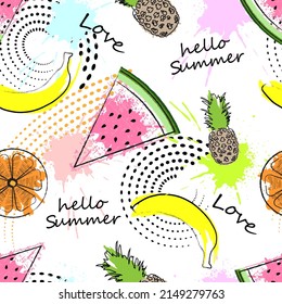 Hello summer. seamless pattern with fruits, blots and geometric elements