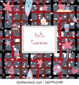 Hello Summer. Summer Seamless Pattern with palms, coconuts, ice cream, and strawberry. Cute Background, summer fruits. Vector Illustration.Summer Holiday Camp poster. Eps 10