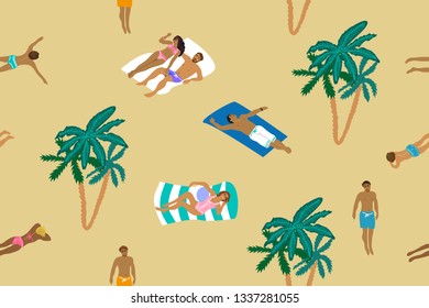 Hello Summer seamless pattern. People sunbathing on the beach. Holiday design concept.